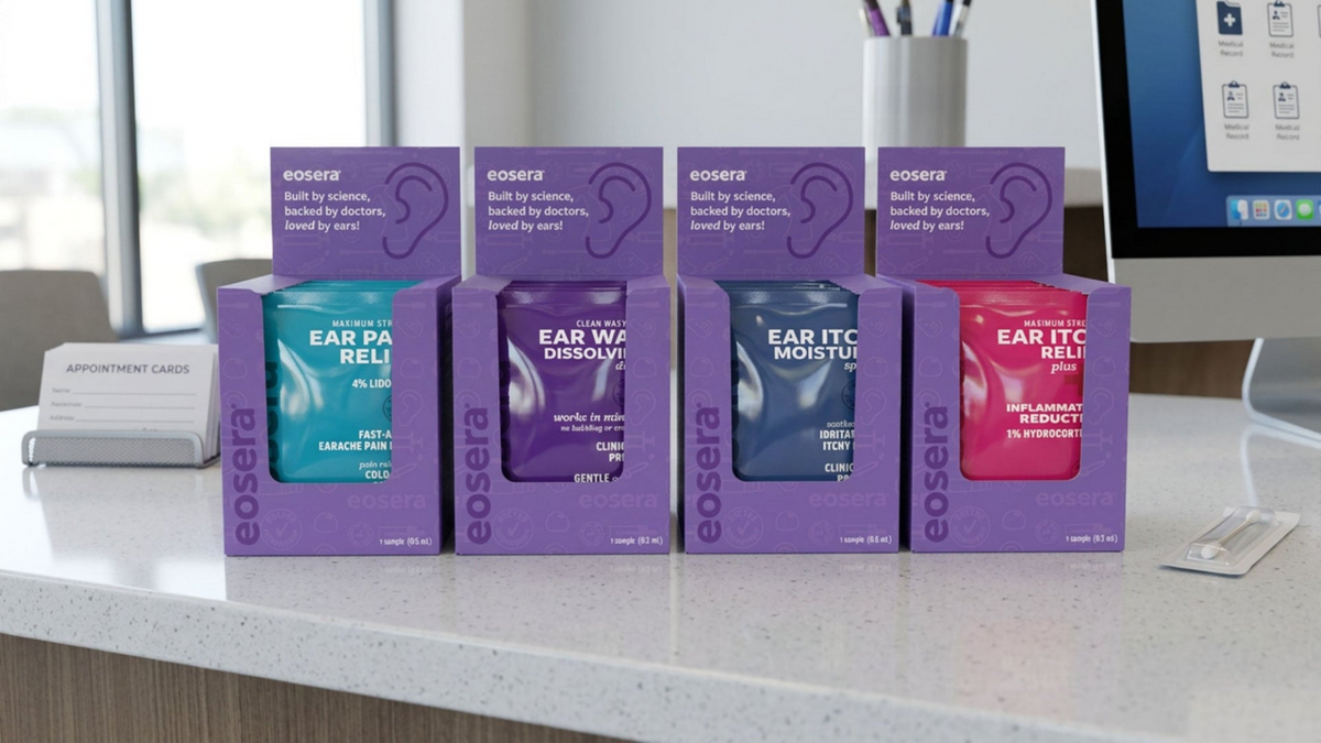 eosera patient sample display boxes for ear pain, ear wax and ear itch products on a clinic front desk